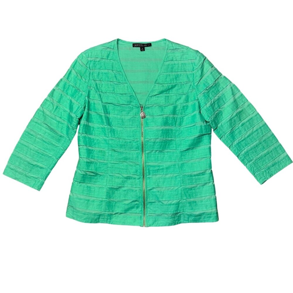 Lafayette 148 New York Womens 8 Suit Jacket Blazer Green Stripe Linen 3/4 Sleeve